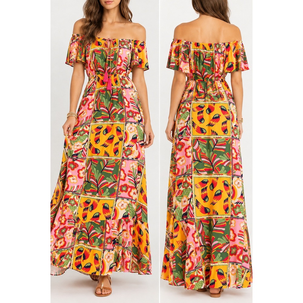 Label of Love Calista Off Shoulder Maxi Dress M NWT Tropical Boho Resort